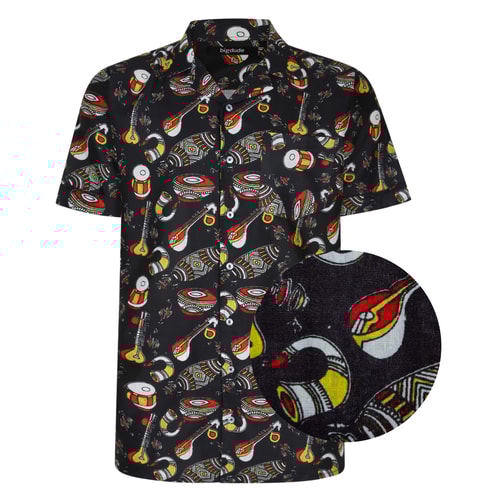 Bigdude Relaxed Collar All Over Musical Instruments Print Woven Short Sleeve Shirt Black